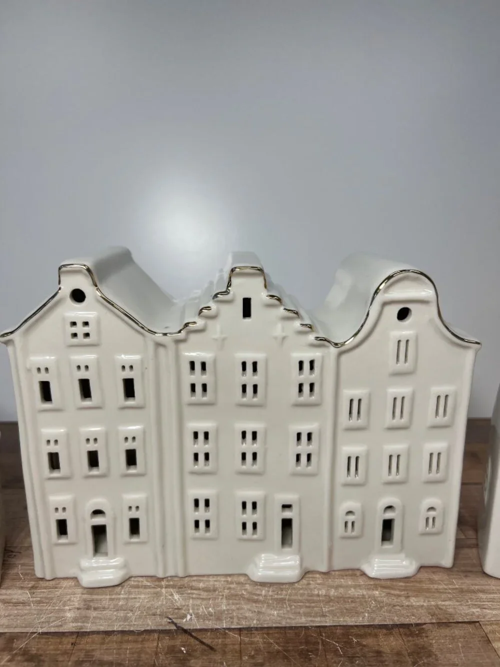 3 Pc White Ceramic Christmas Village Houses Gold Trim Battery Operated Untested